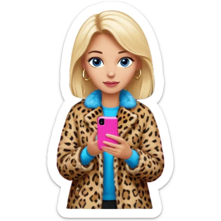 a blondie queen Arina in a leopard fur and pink iPhone on her kia Sportage white car. blue eyes sticker