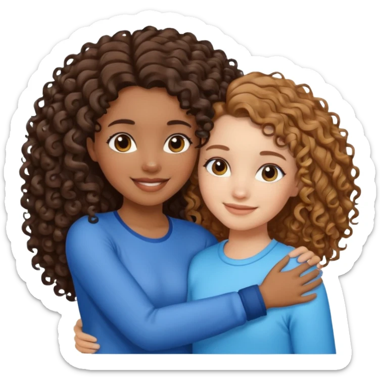 Black girl with curly honey brown hair side hugging and smiling with a white girl with dark brown hair and blue highlights sticker