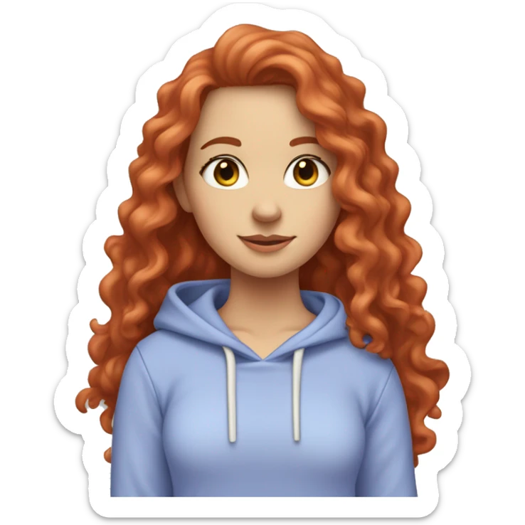 a white girl with long red curly hair, wearing a pastel periwinkle hoodie doing a pose sticker