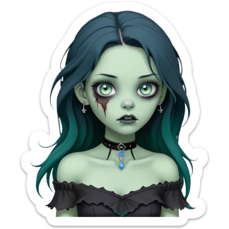 a soft, doll-like zombie girl with light sage green skin and big blue-green eyes, long black hair that swoops gently at the ends, a tiny silver nose stud and a delicate eyebrow piercing on the left side. she’s wearing an off-the-shoulder black top that shows her collarbones, sticker