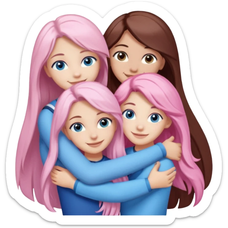 four white grips hugging and smiling    2 girls with brown eyes and long dark brown hair. One girl with long light pink hair and blue eyes, one girl with blue eyes and light blonde hair sticker