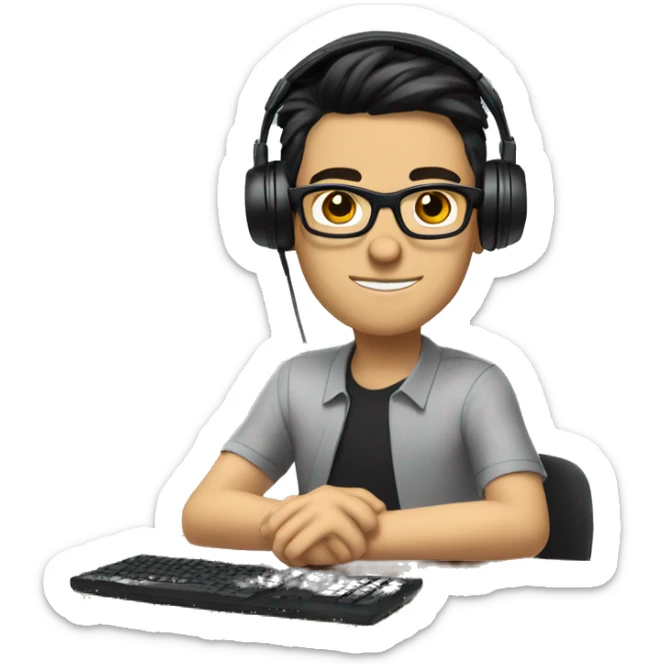 white boy with dark hair and glasses wearing gaming headset and sitting at desk on desktop computer   sticker