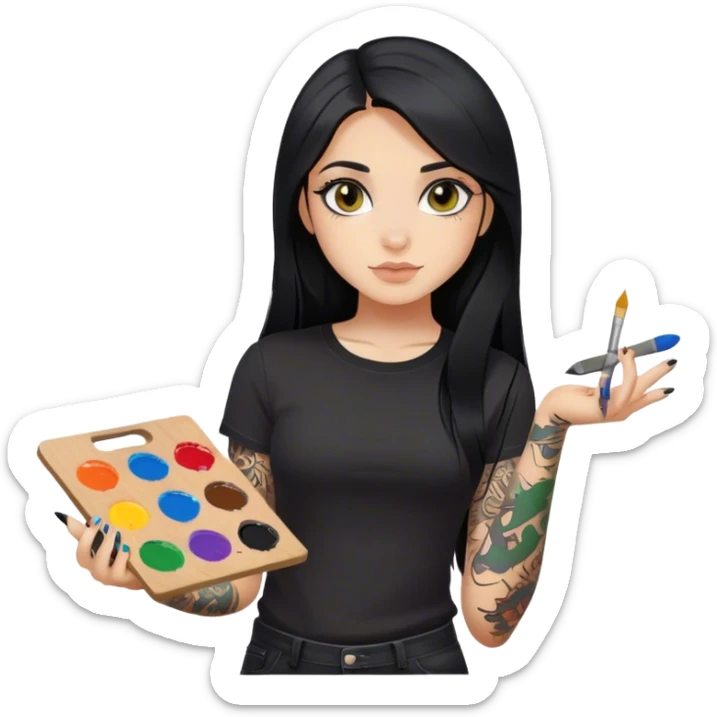 A girl with long black hair and hazel eyes and black tattoos on right arm holding a paint palette  wearing black shirt sticker
