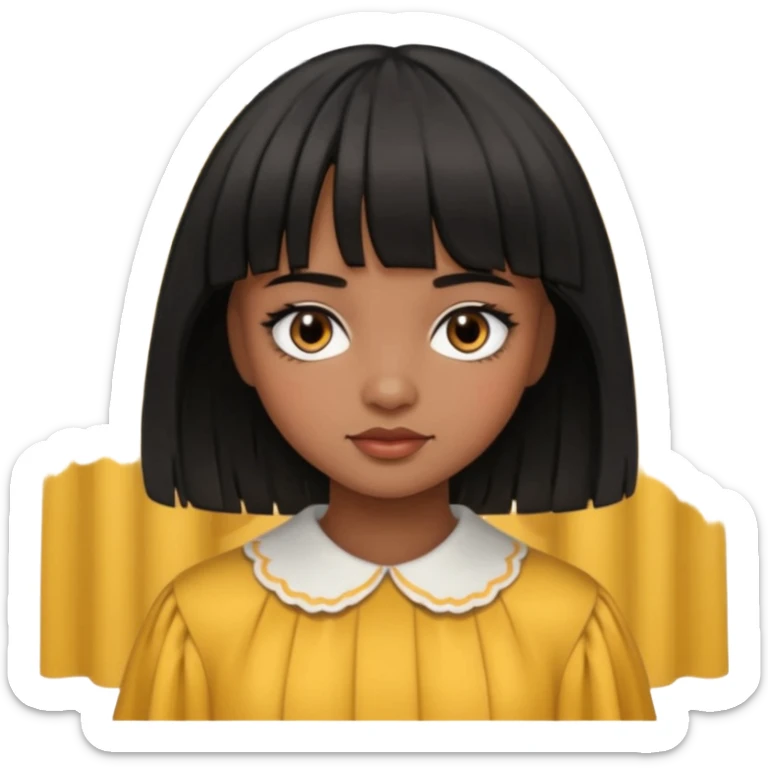 Girl that has a short black hime cut with curtain bangs, then dark brown eyes, and has a bit brown skin sticker