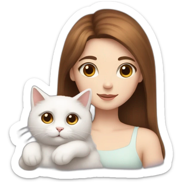 A girl with brown straight hair and a white fluffy cat lying in her arms with eyes of different colors sticker