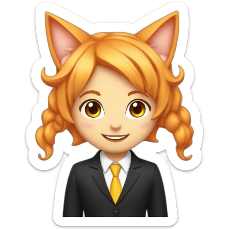 Orange haired girl smiling with peach cat ears in black suit with yellow tie sticker