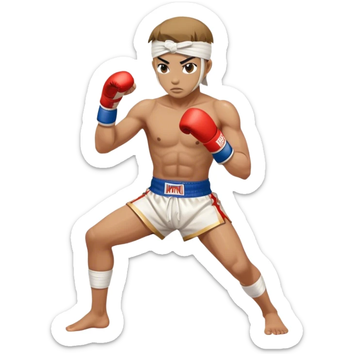 ​Cinematic Realistic Traditional Muay Thai Fighter such as Buakaw Banchamek, depicted in authentic attire featuring white bandaged gloves wrapped around his fists, a traditional headband tied neatly, and classic Muay Thai shorts, captured in a dynamic fighting stance under dramatic, high-energy lighting that highlights the raw power and elegance of the art, sticker