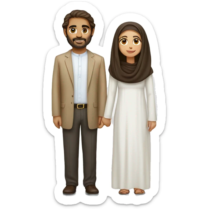 A wheat-haired woman with long brown hair with a long white Emirati husband sticker