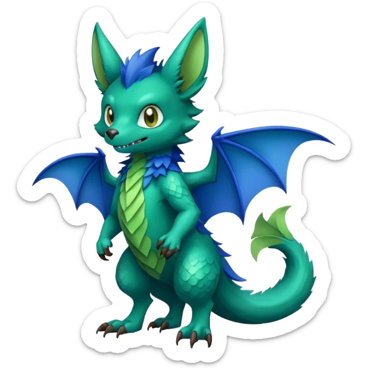 Cute cool fantasy animal hybrid bat-Sergal-Digimon-Fakemon full body, green scales, brown eyes, blue feathers sticker