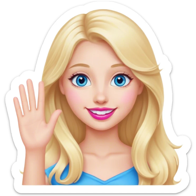 A beautiful blonde girl with long hair, blue eyes, pink lips and a sweet smile  arm hello sticker
