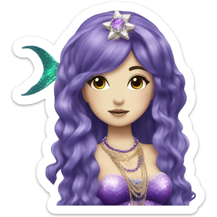 mermaid hime gyaru girl, dark purple hair, jewerly sticker