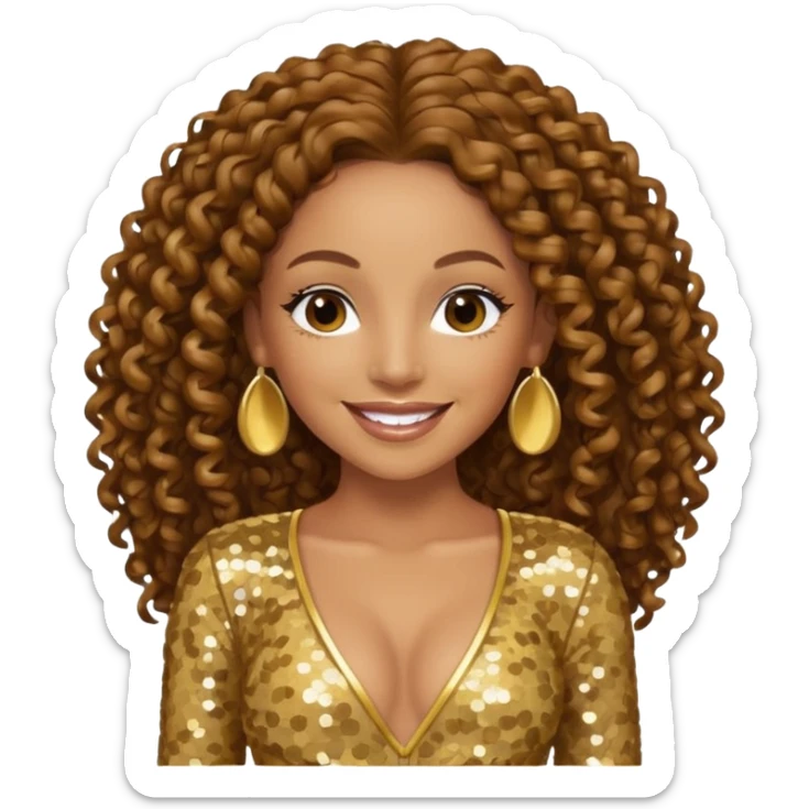 Mel B from Spice Girls with long brown curly hair, gold sequin outfit sticker
