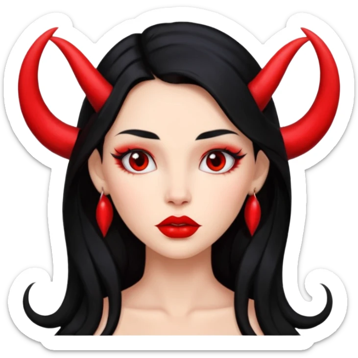 A girl's face with cheekbones, skin red, long black hair, small red horns, big lips sticker