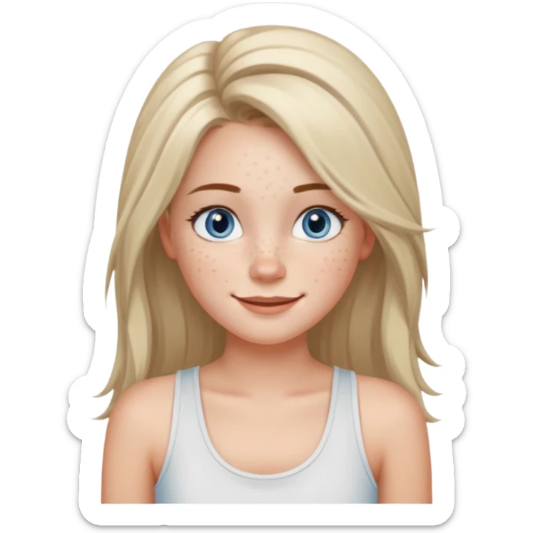 Una chica de tez blanca con pecas, nariz respingada, labios gruesos, ojos grandes color azul grisáceo, pelo largo, lacio, color avellana. Con una blusa de tirantes blanca. Que este sonriendo y q solo se vea de la cintura hacía arriba sticker