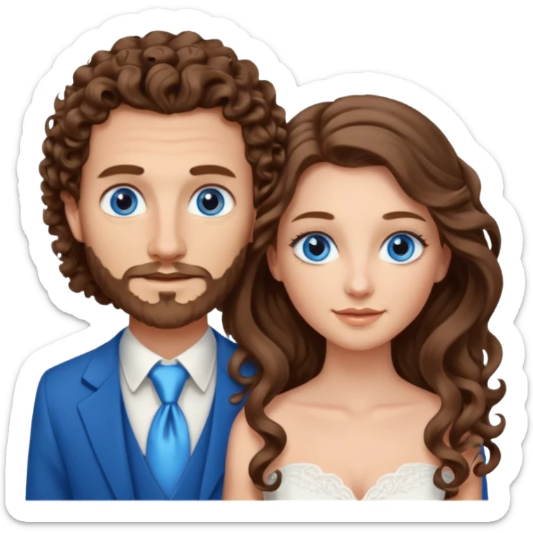 wedding couple, woman has very long and lightly curled brown hair and blue eyes, man has short light brown curly hair and facial hair with blue eyes sticker