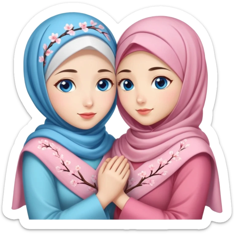 Two sister Turkish girls beautiful finish Konya blue eyes with cherry blossom hijab and heart dress and hugs  sticker