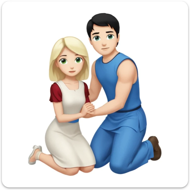 Man as king, black Hair, blue eyes, woman, blonde, green eyes, shott white sleveless Dress, kneeling, background palace sticker