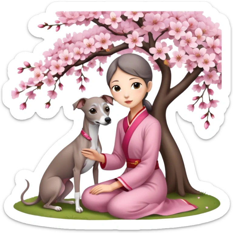 A young Chinese girl and a grey Italian Greyhound sitting under a cherry blossom tree sticker