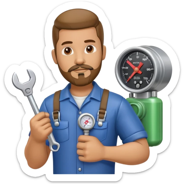 Latino HVAC repairman action figure with goatee beard holding a wrench and refrigerant gauge sticker