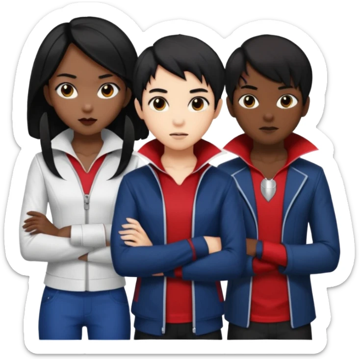 Solo poly platonic relationship, one is south African girl, one is Asian boy, one is biracial features Asian tomboy girl with anime short hair with long hair, vampire and marvel cosplay elements inspired. sticker