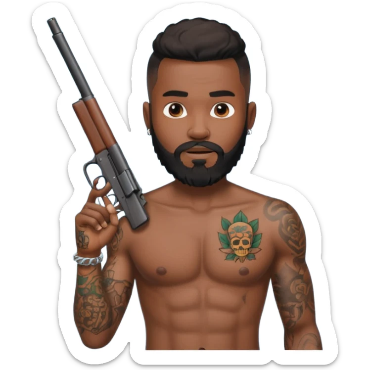 Ebony Crip gang member with no shirt an beard with tattoos all over holding gun sticker