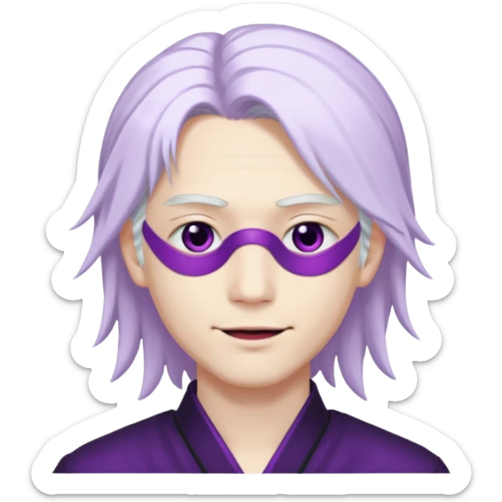 A young pale skinned Japanese man, with long free white hair. Purple eyes pink lips. Devious smile and an eyepatch sticker