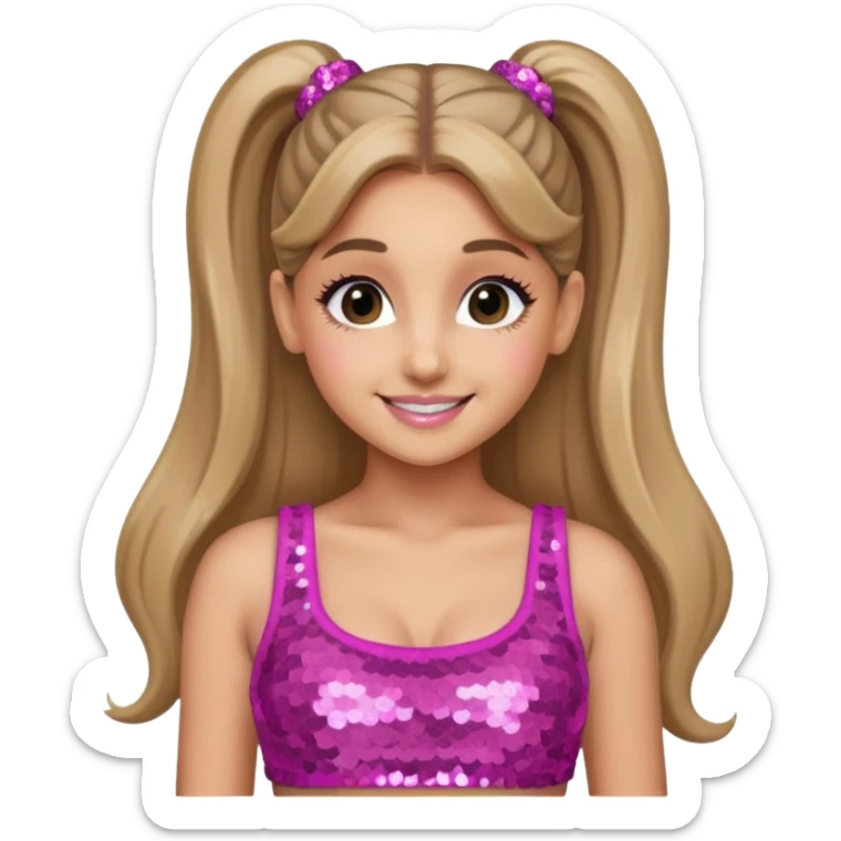 Ariana Grande with long dark blonde ponytail hair, pink sequin crop top sticker