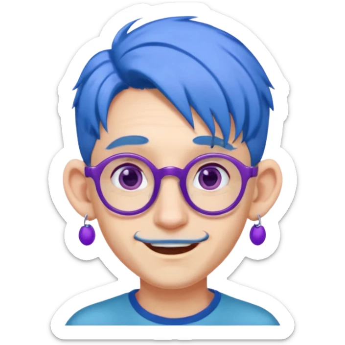 blue haired man mid length hair with big ears and purple earrings and spectaclesi happy sticker