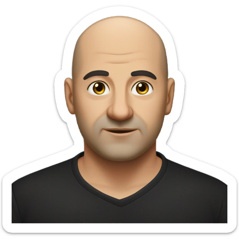 A slightly overweight middle-aged Italian man with olive-toned skin with bald hair and no facial hair. He is wearing a sleek black smart shirt, casually unbuttoned at the top. sticker