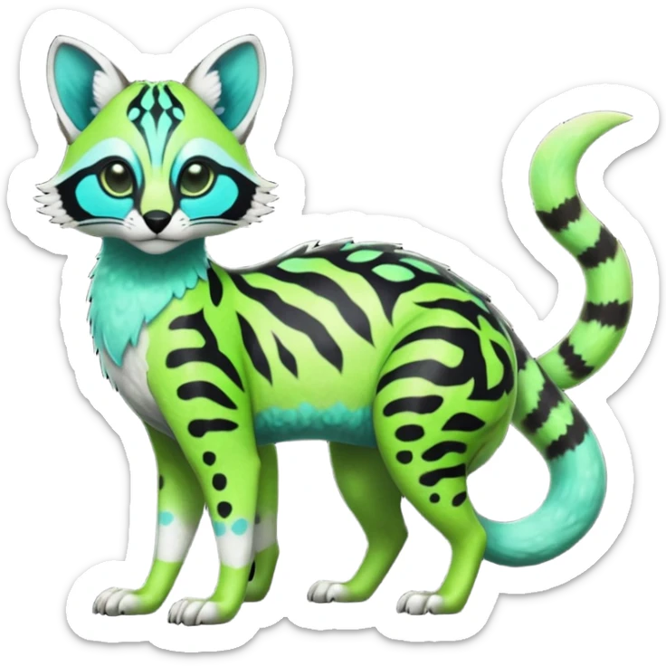Rare realistic iridescent neon lime-green & cyan white black lush tropical exotic edgy epic pretty beautiful handsome gorgeous aesthetic colorful vibrant Vernid-Protogen-Primagen-Wickerbeast-Genet-Trico-species-Fakemon-hybrid-creature by LiLaiRa, beautiful intricate markings, full body sticker