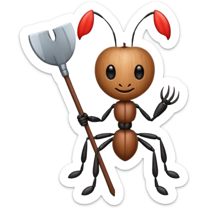 an emoji of an ant with body and legs made out of axes, apple emoji style sticker