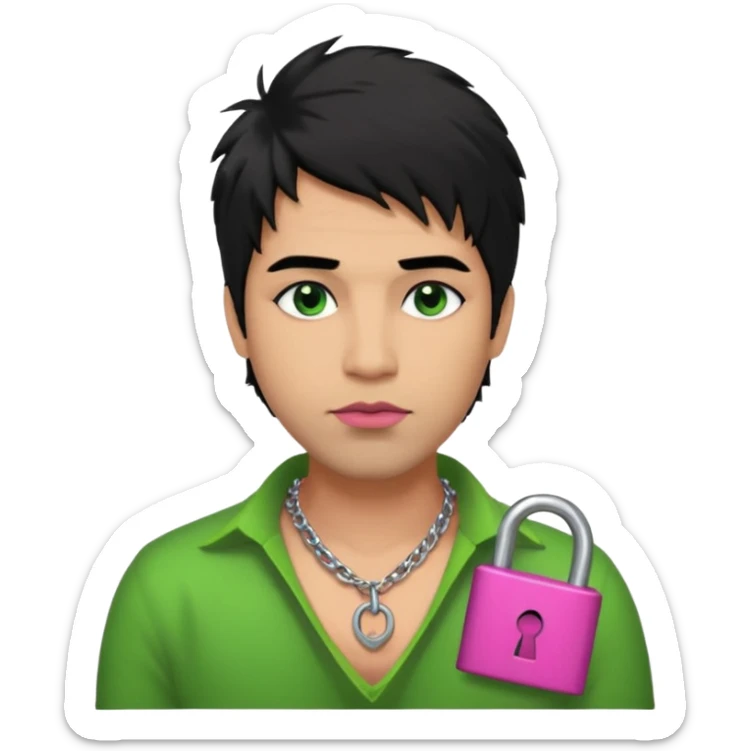 40 year old man with black shaggy hair, smudged black eyeshadow, pink plump lips with a green neck and wearing a silver necklace with a lock on it sticker