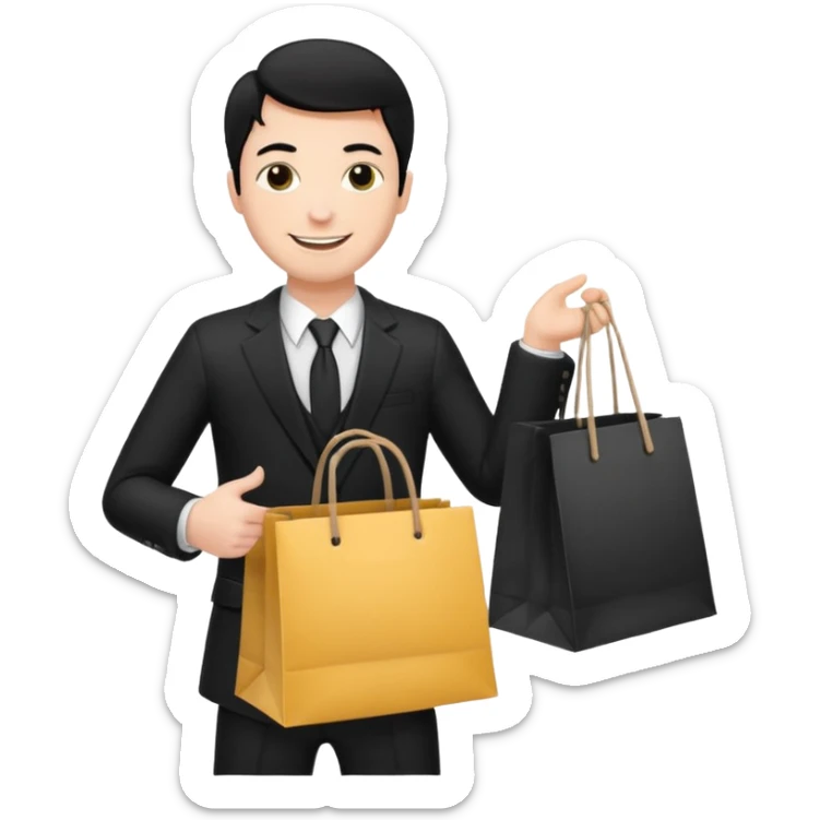 a white man black hair in a black suit with clothing shopping bag sticker