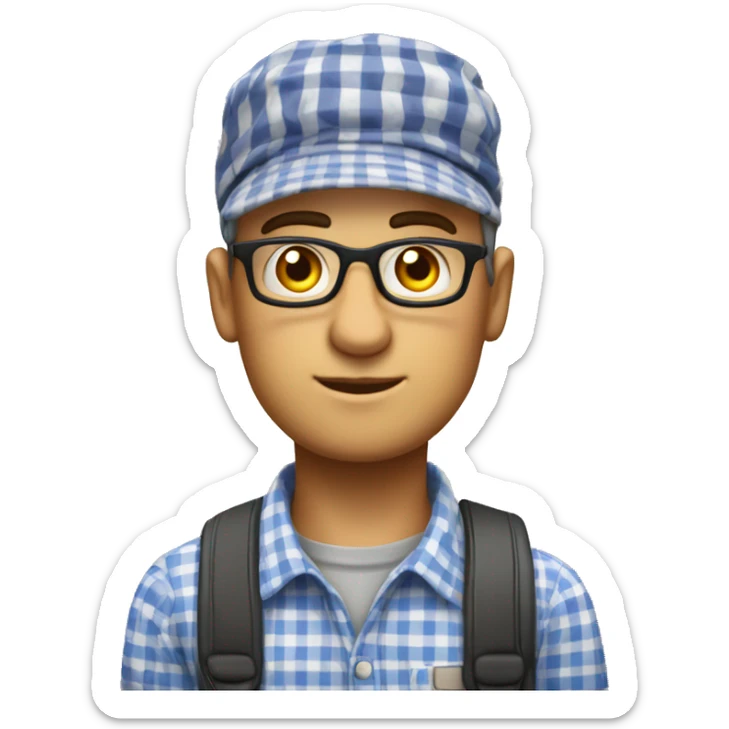school teacher u rad from ussr in a checkered shirt and with a cap on his head and doves and eyes hair short black sticker