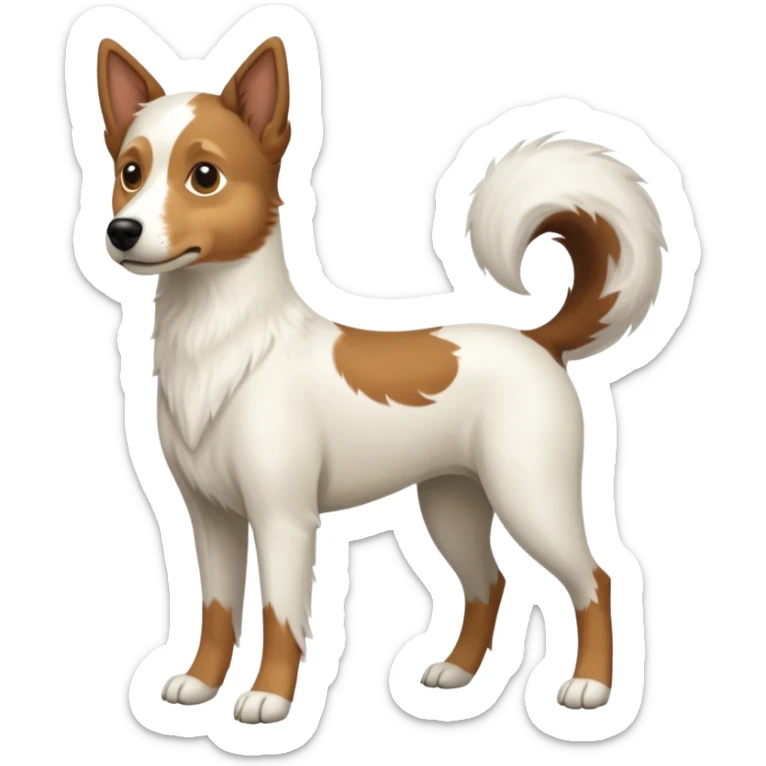 a full body white parsel russell looking dog the size of a kelpie with light brown ears and a light brown patch on one eye and a large snout sticker