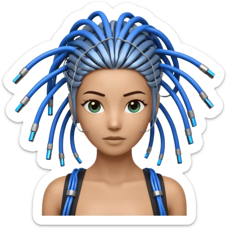 3D render of Wire Hair, futuristic cyborg aesthetic, fusion of organic skin and chrome metal, bundle of black and blue ethernet cables styled like hair, emoji style, isolated on white background --v 6.0. sticker
