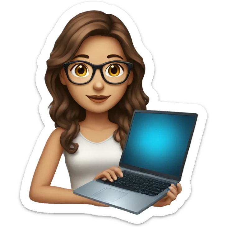 Beautiful girl with brown hair, glasses and laptop sticker