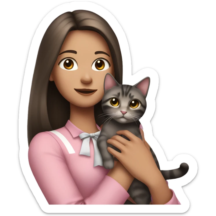 Brunette girl with straight hair in a pink blouse, holding a gray, striped, brown-eyed cat with a bow in her arms sticker