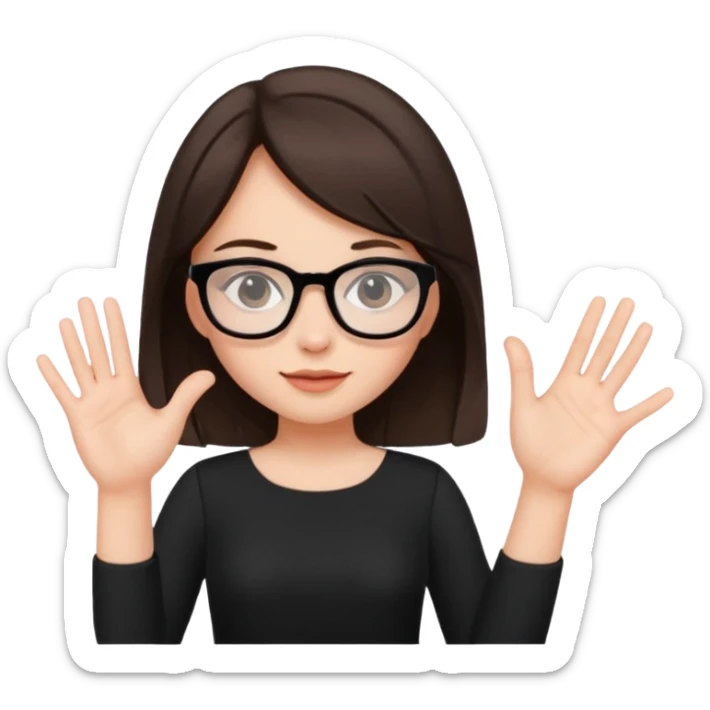 a cute brunette girl in a black dress wearing glasses  with two hands  sticker