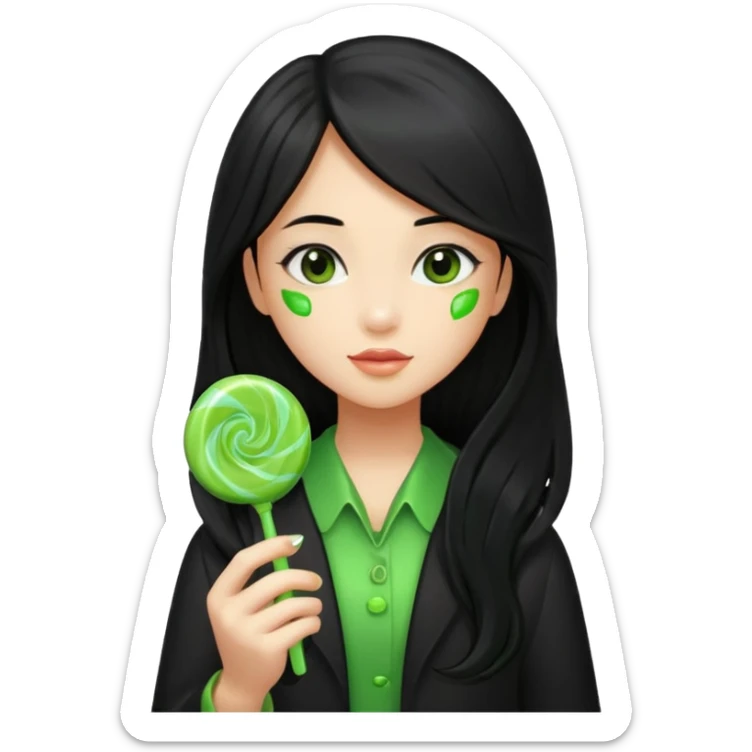 A girl with long black hair holding a piece of green hard candy in one hand and a green candy wrapper showing a guava on it in the other hand sticker