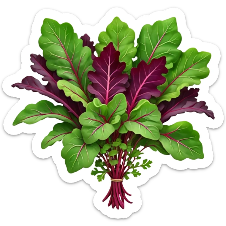 mesclun salad mix small cluster of baby leaves arugula spinach red chard frisée oak leaf lollo rosso varied shapes greens purples reddish veins delicate edges curls natural irregularities fresh soft highlights no water drops 3D clean minimal soft shadows transparent background emoji scale sticker
