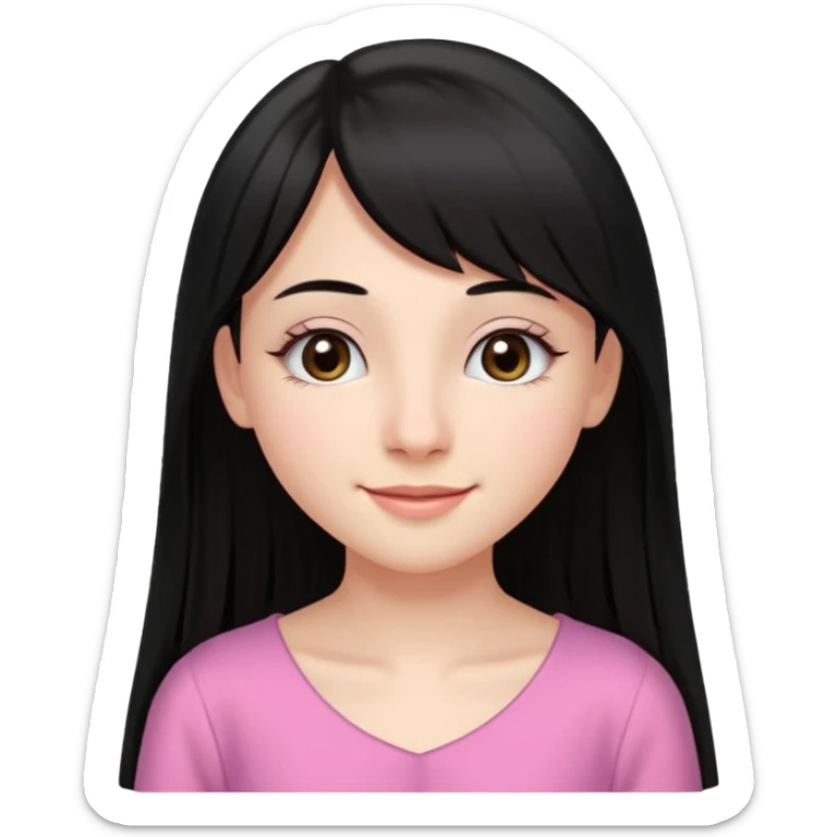 Cabelos pretos longos lisos ,olhos castanhos escuros puxadinho para cima com cílios grandes Pele clara ,nariz pequeno ,lábios mais carnudos ,adolescente 16 anos , com vestido de alinhamento rosa. Cabelo repartido ao meio com franja na altura do nariz  sticker