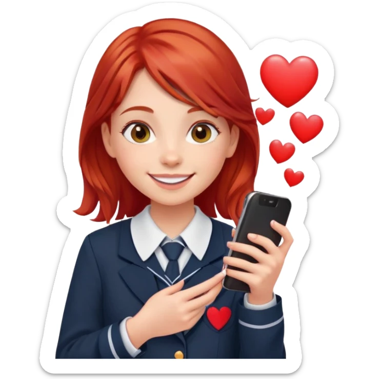 smiling girl in school uniform with red hair phone and like hearts sticker