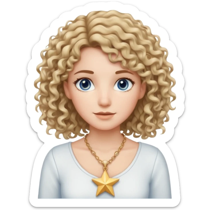 Very white woman, with blue/grey eyes, straight brown hair that is a little bit blonde and the tips are curly, cute white outfit, star neckless sticker