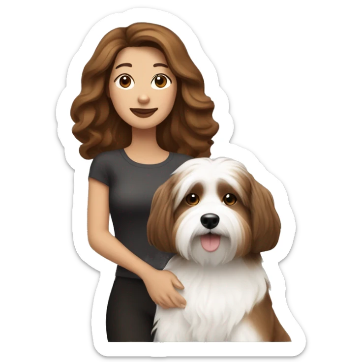 caramel skinned middle aged woman with brown hair, with black+white havanese dog sticker