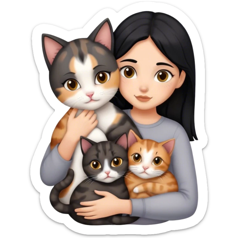 girl with black hair hugging three cats  (tortie cat, gray cat, brown calico cat) sticker