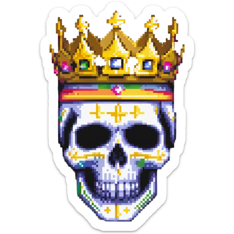 pixel art of a colorful skull with vibrant colors, wearing a gold crown and a bright ski mask sticker