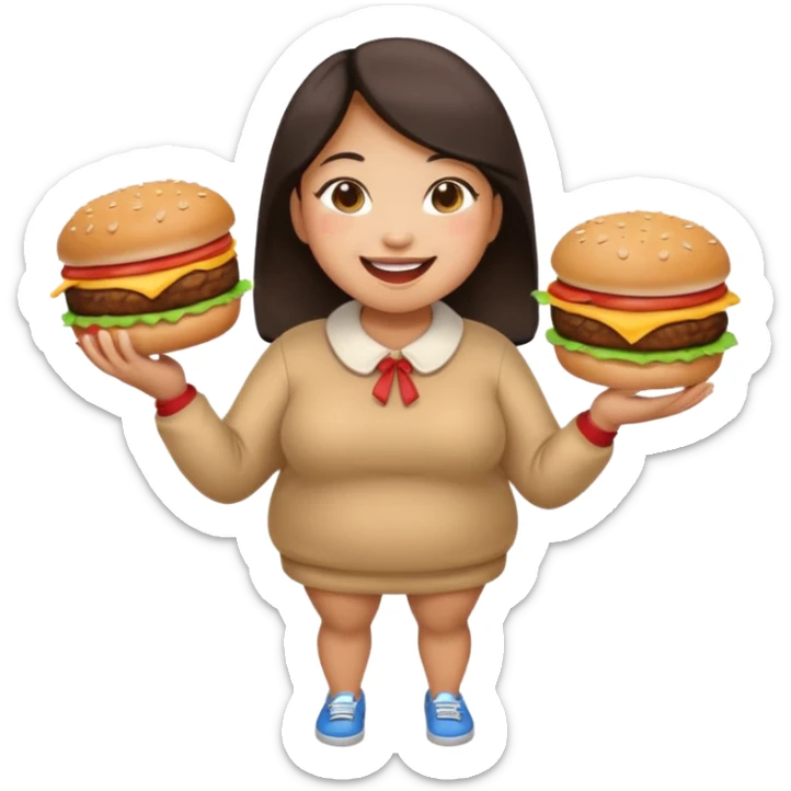 n create a humongous asian girl with 2 burgers and a cookie in her mouth, she is super fat, please make her a full body emoji sticker