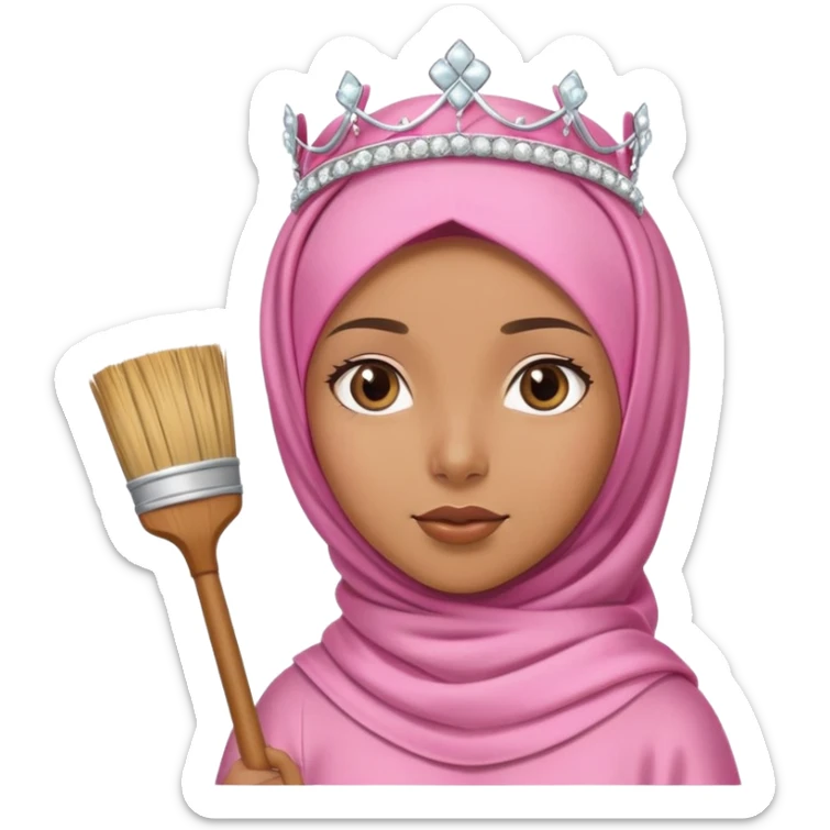 girl caramel skin wearing pink hijab a cream satin set and a tiara on top of her head she is standing holding a broom sticker