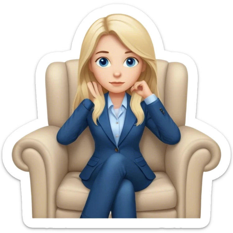 “A young female psychologist with long blonde hair and blue eyes, sitting in a cozy armchair. She is wearing a professional blazer and has a calm, attentive expression. A warm floor lamp stands beside her, casting a soft light, creating a comfortable and inviting atmosphere. sticker